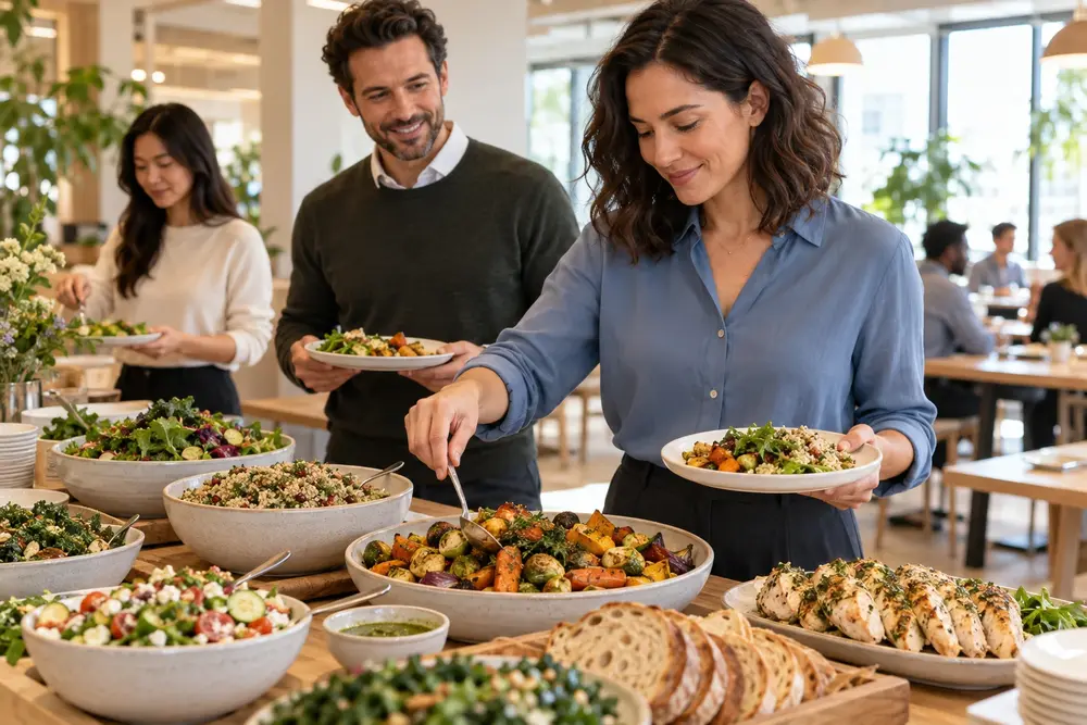 Colleagues serving themselves from a lunch buffet of salads, roasted vegetables, bread and herb chicken